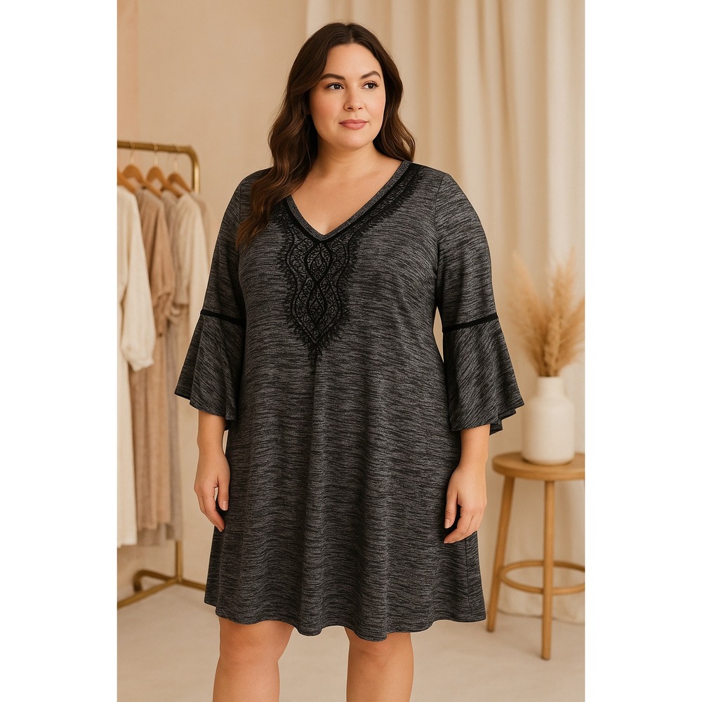 Haani Woman 1X Black Gray‎ Knit Dress Embroidered Boho Bell Sleeve Goth Witchy